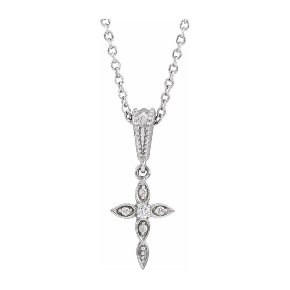 14K White Gold .03Ctw Diamond Petite Vintage Cross Necklace, 16-18 In